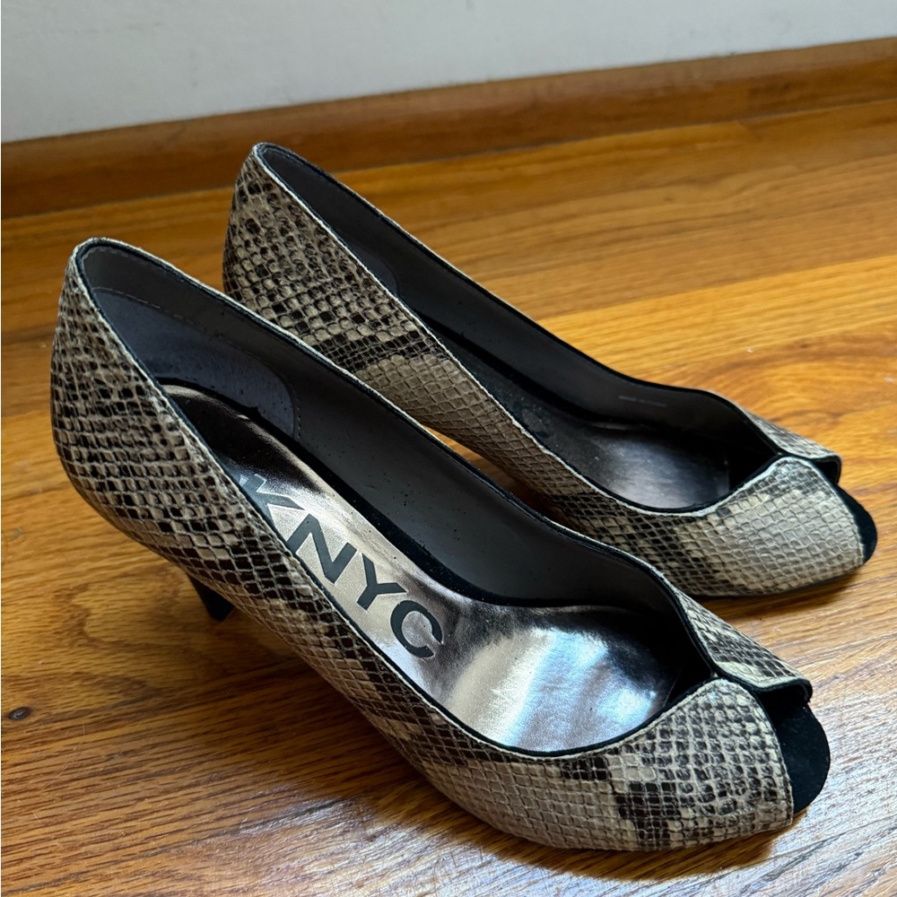 DKNYC Snakeskin Peep Toe Heels - Black and Tan
